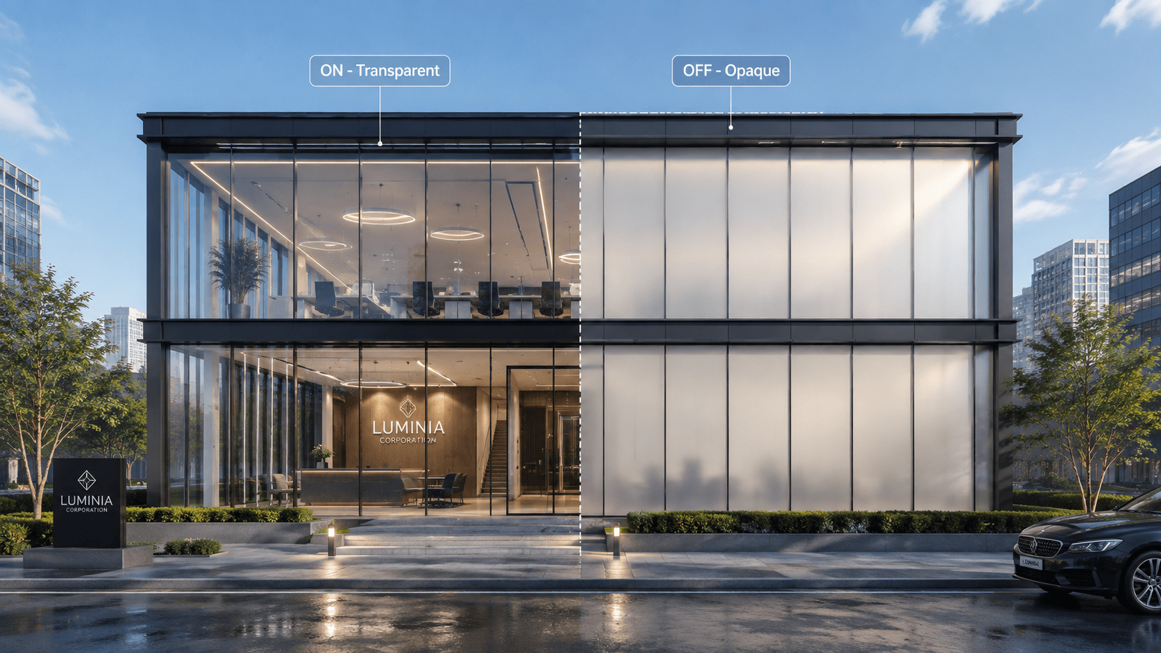 Concept illustration of a commercial office building with switchable smart glass facade, transparent versus opaque
