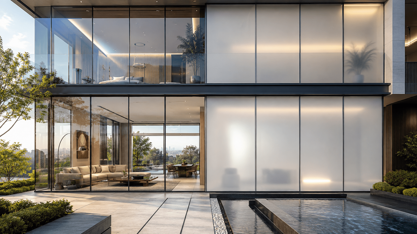 Concept illustration of a residential home with switchable smart glass, transparent versus opaque
