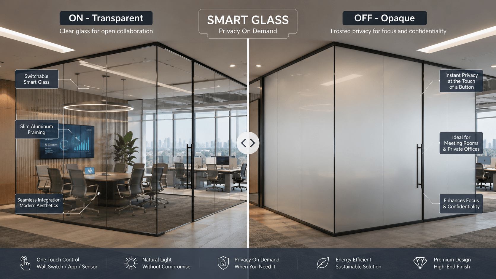 Concept illustration of switchable smart glass providing privacy on demand in an office